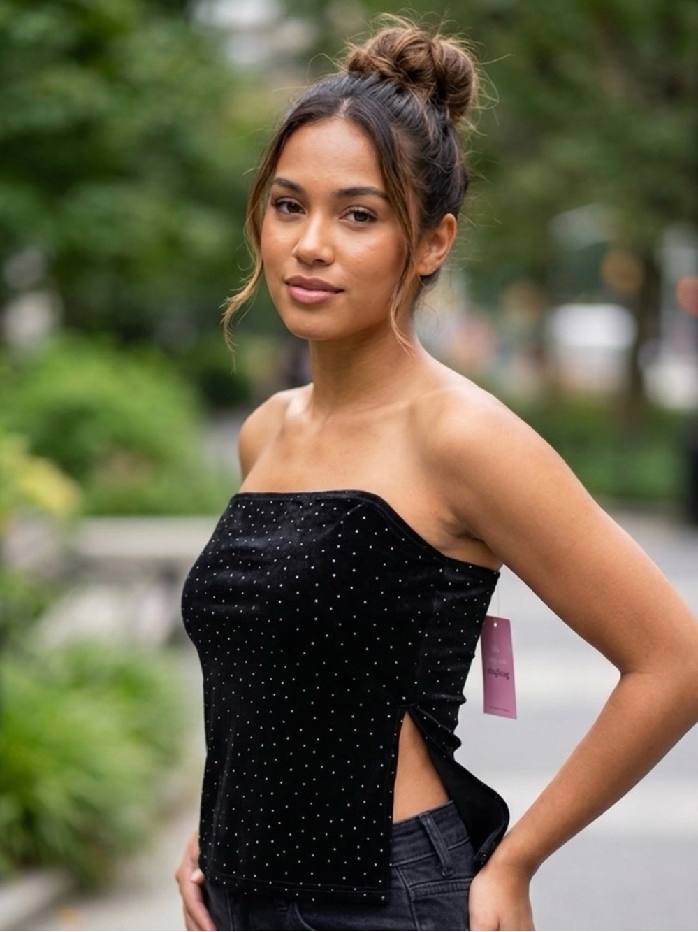 Frankee & Skylar Black Velvet Strapless Rhinestone Top